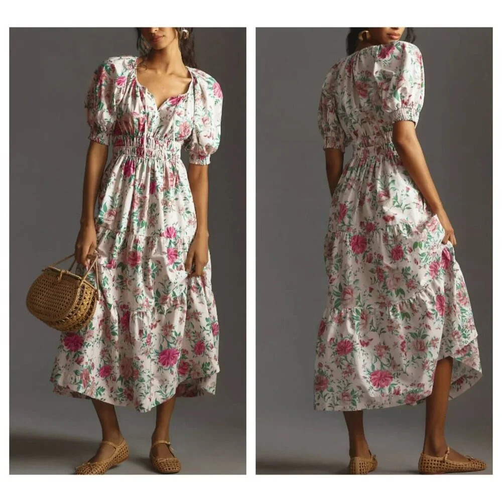 Anthropologie Cream Maxi Dress with Pink & Green Floral Print